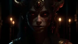 Transcendent being, jinn, with devil face, be a girl, scary, with mysterious eyes, full face, bust, real, high quality, 4k