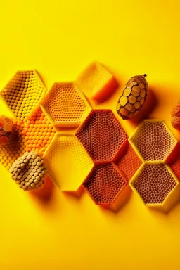 honeycombs of different colors and different sizes behind yellow background behind without bee