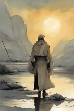 Obi-wan Kenobi. A soft-focus image of the golden sunset casting a warm glow, create in inkwash and watercolor, in the comic book art style of Mike Mignola, Bill Sienkiewicz and Jean Giraud Moebius, highly detailed, gritty textures,