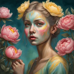 PHOTOREALISTIC PORTRAIT OF A GIRL of Cirque dU soleil, WALKING ON THE SHORE AT THE MOONLIGHT, AND EMBRACING PINK YELLOW PEONIES, VIVID colors: torquoise, pale salmon, persimmon, grey-green , pale lemon yellow, greenish gold, metallic bronze. ULTRA detailed; CORRECT anatomy, FACE and eyes, HIGH RESOLUTION AND DETAILS, HIGH DEFINITION, STYLE BY RAFFAELLO, MICHELANGELO, KAROL BAK, ANDY WARHOL, Anna Dittmann