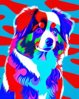 Vibrant, fun t-shirt design of a stylish Australian Shepherd dog with cool sunglasses and relaxed demeanor. The coat is a gradient mix of blue, red and white. The background is a fun red heart-shaped silhouette. The overall design is visually striking and would turn heads on a (((black t-shirt)))