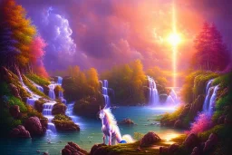 island waterfall bubble spring unicorn sunset rainbow