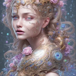 fantasy magic, intricate, sharp focus, illustration, highly detailed, digital painting, concept art, artgerm and paul lewin and kehinde wiley, masterpiece sexy lips with smile Celtic lady body flowers head silver bright rain lady outer space pretty, pink blue