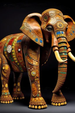 A brown earth elemental elephant designed in African pottery painted by Gustav Klimt