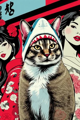cat with shark mask hat solana surrounded by beautiful model women japanese style in the style of warhol
