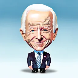 Ilustración chibi Joe Biden con una (naríz extra larga: 1.5) como la del muñeco Pinocho plano 2/3 girado parcialmente