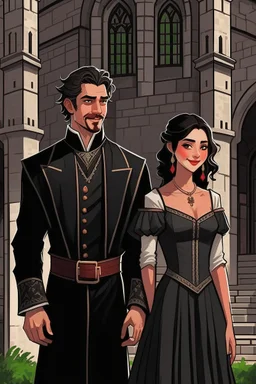 Strahd von Zarovich smiling, dressed in black and Ireena Kolyana frowning, wearing a wedding dress standing outside Castle Ravenloft in the illustrated style of dungeons and dragons