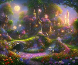 mondo fairy,paesaggio da favola notturno con fiori fluoriscenti alberi magici,fiori colorati luminosi