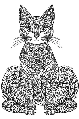 A simple coloring book mandala page drawing with thick black lines on a white background of a full length body of a kitten with no tail of the cat breed BORNEO BAY CAT in the minimalist style. No shading. No gray. No shadows. No color. This coloring book page would appeal to children aged sixteen through adults and have clean lines for a design that is easy to color. Style raw. Aspect ratio 9:11