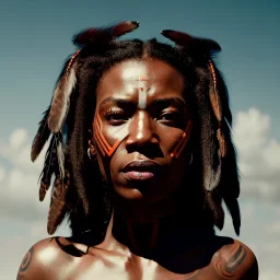 A beautiful portrait of a cyberpunk cyborg black tribal woman with lot's of grain on her skin and big tribal tatoos all over the skin, with natural hair floating in the wind cyborg smiling facing camera orange color scheme, high key lighting, volumetric light high details with white stripes and feathers unreal 5, octane render, cinema4d, dynamic lighting, dramatic lighting, 4k, redshift render, highly detailed, hyper realistic