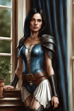 beautiful pale female, half elf, black silky straight shoulder length hair, blue leather armor with white frills, shoulder to waist belt, brown travelling boots, standing near window, plant on pot, brown dark eyes, realism, realistic, photorealistic