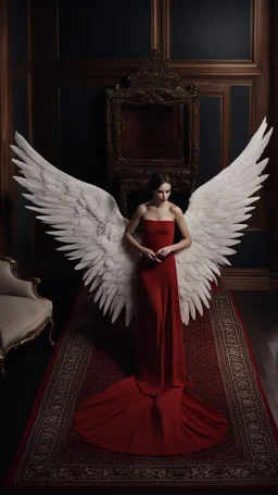 White wings, red dress, scissors. Above black and luxurious carpet. Cinematic picture from above