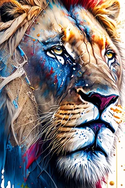 "lion", clean design, epic Instagram, art station, splash of colorful paint, contour, ((solid white background)), closeup, looking into camera, hyperdetailed intricately detailed, unreal engine, fantastical, cinema lighting, intricate detail, splash screen, complementary colors, fantasy concept art, 8k resolution, DeviantArt masterpiece, watercolor, paint dripping