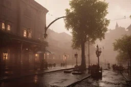 Small Fantasy town, rain, lights, tavern, misty, daytime, cobble streets