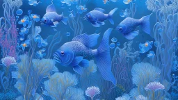 fish swimming in a garden of blue flowers, light blue lavender color, dark blue, detailed photo