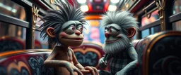 close up portrait of hairy fluffy polymer clay cute happy worried monster with realistic human colored and textured skin, and long sleek limbs and with studio lights, on a luxury ornate neon buss with strange graphitti and tatooes, talking to his aunt