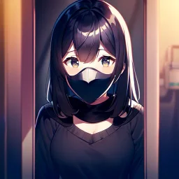 anime girl wearing a mask to hide from herself looking into a mirror