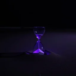 an hourglass on a beach at night, lying partly buried in the sand, dark purple light