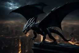 black dragon flying across the city at night dark fantasy lightening legs outstretched