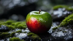 Close up of an apple fruit on a wet rock,moss,high details,dark place
