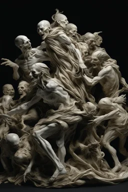 Imagine a mass of figures intertwined in a grotesque and chaotic embrace. Their bodies, covered in thin ragged cloth, merge together to create an unsettling and visually compelling image. Focus on showing different body types, skin tones and expressions ranging from anguish to ecstasy. It's not a sensual entanglement, but something disturbingly intimate. The figures' bodies weave in and out of gnarled, skeletal branches. These branches both sprout from the human forms and confine them, stretchin