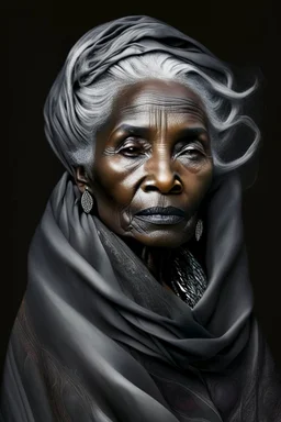 a photo of an Somalian woman with ethnic jewelry, grey hair and grey flowing robe, in style of Annie Leibovitz, contemporary portrait of a mature yet beautiful and modernist woman, black and grey, detailed feminine face, swirling fluid smokey enigma, award-winning artwork