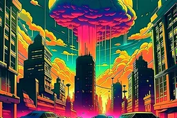 retro anime style, serius dark 1990s anime style, city, atomic mushroom cloud, synthwave