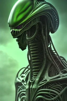 alien, head, evil,green eyes, weapons, blood, 8k, finely detailed, photo realistic, HR Giger style