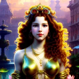 Hyperdetailed oil on canvas, young robyn lively by an ornate fountain, goldfish pond, lotus, detailed face, long muti-hued red curly hair; by gaspar camps, maxfield parrish, alphonse mucha, cyril rolando, dan mumford; luminous colorful sparkles, glitter, airbrush, octane render, volumetric lighting, 16k