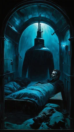 Man spends a sleepless night inside a dark submarine in a delusional state haunted by ghostly images, paint it in the baroque style, as if the man is horrified
