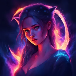 Dreaming cute woman, neon, abstract, amazing shadow and lightning, 4k, cinematic, glowing eyes, cosmic, face, dream, space, stars, amazing, art, glowing, fire, fantasy, crazy, ultimate, club, insane, digital painting, watercolor, wolves, bears, eagles, pagan, runes