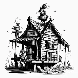 Make black and white cute drawing of a Baba Yaga’s House (Walking Hut on Chicken Legs) with black bold lines. Only outline, no grayscale. A quirky wooden hut with chicken legs