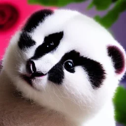 Portrait of an alien cat panda rabbit, extremely sharp detail, fined tuned sharp detail, realistic, 8k resolution, ultra hyper realistic detail, roses