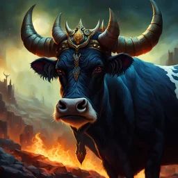 Closeup of an old, evel, horned, cow like monster with a dark crown. Dark, Fantasy. In a hell like environment Magical. Epic. Dramatic, highly detailed, digital painting, masterpiece