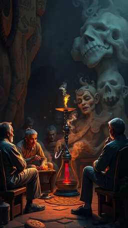 Bosch painting style nightmare , 3D , a Hookah , people sitting and smoking it , background, high Quality picture , 8k