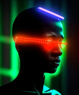 Ultra realistic photographic night portrait, cinematic, African woman, shave head, <hanging wires> <retro monitor> many wires coming out of the head <perfect pupil> <cyborg arm> <garage> <wide angle Shot> <steampunk> <thriller>, led lights, color fog, soft color, highly detailed, unreal engine 5, ray tracing, RTX, lumen lighting, ultra detail, volumetric lighting, high definition.