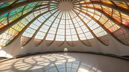 A massive dome-shaped structure with a smooth, curved surface and intricate, web-like window patterns. The dome is constructed from advanced, multicoloured transparent materials that filter sunlight, creating a serene and otherworldly indoor oasis. Award-winning photograph, beautiful composition, exquisite detail and illumination