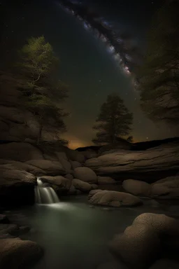 Night, trees, rocks, mountains, photography