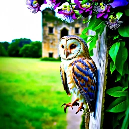 Adobe Promp: On a wall, a close up of a barn owl, side view, in a lavish background of blooming passion flowers. In the background in the distance an old ruin. A fisheye effect, a small depth of field, a sloppy look, a vintage atmosphere. a botanical image. Glamour glow, beautiful light.