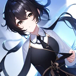 Clear focus, High resolution, short black hair, black eyes, wearing a black jacket and a white shirt, wearing a black skirt, 1girl, Genshin impact, long locks, long eyelashes, black tie