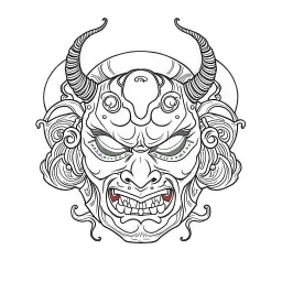 White, minimalis line art , oni mask japanes funny , vector, white background, outline, with images neatly contained within the background, just black and white color,