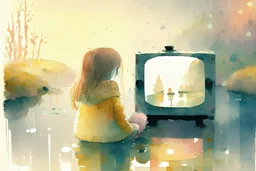 a cute chibi girl is sitting with her back to us, we see her playing tetris on a big screen, in van gogh style in on a misty morning. over a misty pond in the hieght of fall. Watercolour by Alison Brady. Pastel colours S<AI in sunshine, ethereal, otherwordly, cinematic postprocessing