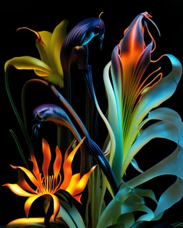 Flame lily, Strelitzia, African aloe, fern, banana leaf, Frangipani, Palm tree, flamingo, hibiscus, tropical vegitation, still life, uv lighting, Slick, sinuous, industrial design forms, Fluid Dynamic, cephalopod, Coleoptera translucent, fighting fish, the Futuristic Fashion Of Iris Van Herpen and H. R. Giger, resin pigment and fiber, atmospheric macro photography, the camera lens reveals realistic and tangible space where wondrous motions of strange forms occur, thereby creating psychedelic eff