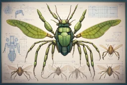 Hand drawn technical illustration , with detailed blueprints and engineering schematics of a robotic walking leaf insect, with highly detailed features, drawings, and technical notation, 8k, vibrant natural colors