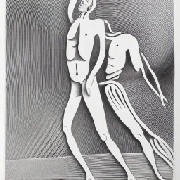 hand drawn in single line by Nicolai Blatter with hatch with parallel wavy lines metal engraving representing representing Prometheus and Don Quixote in bosch style or salvador dali style