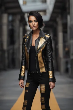 Full body punk rocker girl using A high detailed render of a black and gold long black leather jacket.style : photography