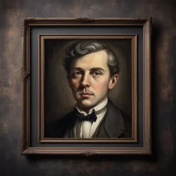 Hyper Realistic vintage frame portrait of Henry Avery on a rustic dark wall