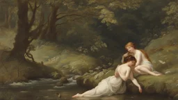 Nymphs sitting next to a stream, in a woodland clearing