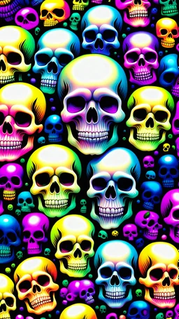 a field of 1000s of psychedelic psylocibin induced anatomically correct, skulls, vivid RANDOM BRIGHT neon colors, dark comedy, well lit, high detail, photorealistic, horrorcore, fun, scary, none featured, each a different color or hue,