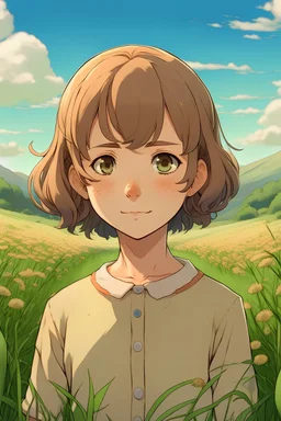 Jeune fille aux cheveux court et bouclé brun dans une prairie style Miyazaki